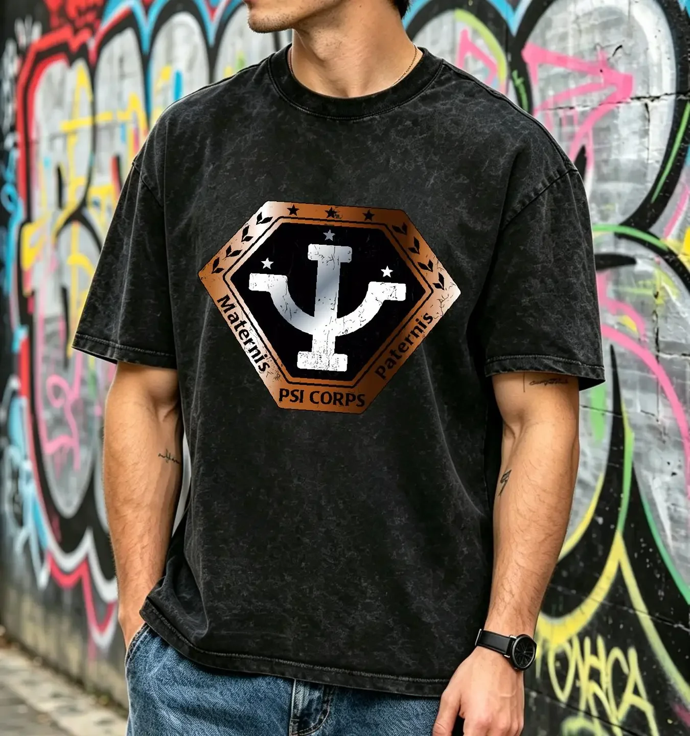 washed T Shirt VINTAGE PSI CORPS LOGO Space Center TV Series SciFi Babylon 5 vintage Washed Slightly Soft Stretched Stylish