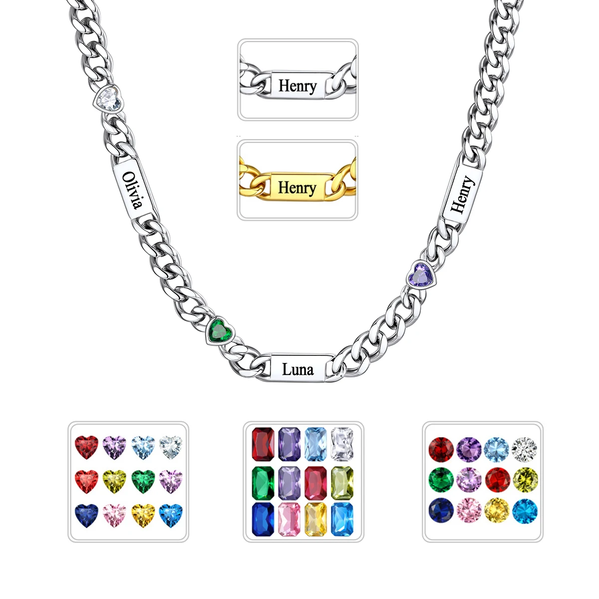 

Кубинские цепочки U7 Custom 5 мм, 1-6 шт., с подвесками в виде сердца, круга, прямоугольника, с камнями по месяцам рождения, цепочки 18/20/22/24 дюйма, именные украшения, подарок для нее