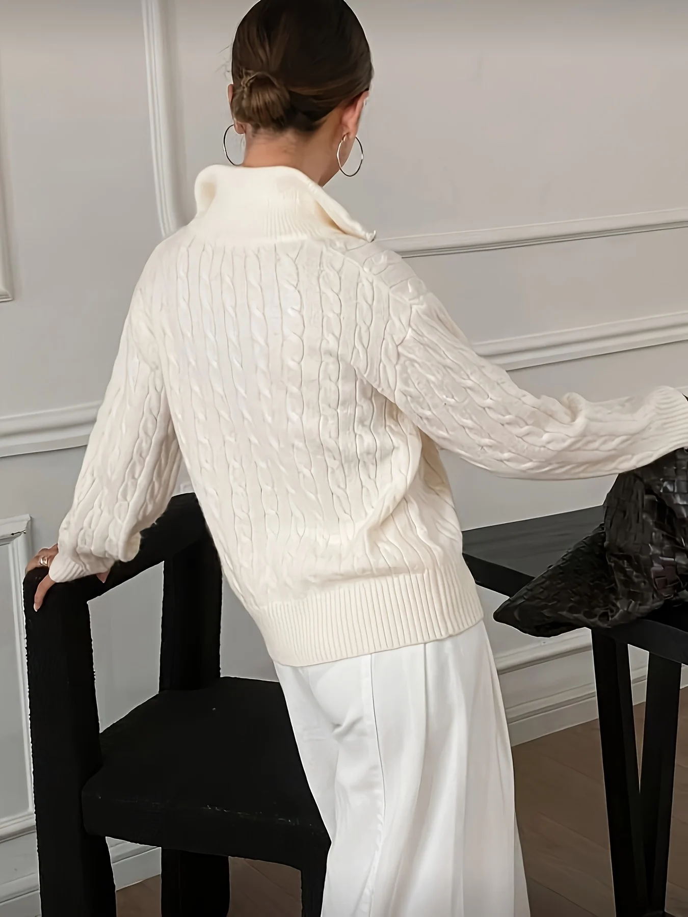 European and American fashion solid color cable knit half-zip sweater, versatile and slimming pullover top - Detail 1