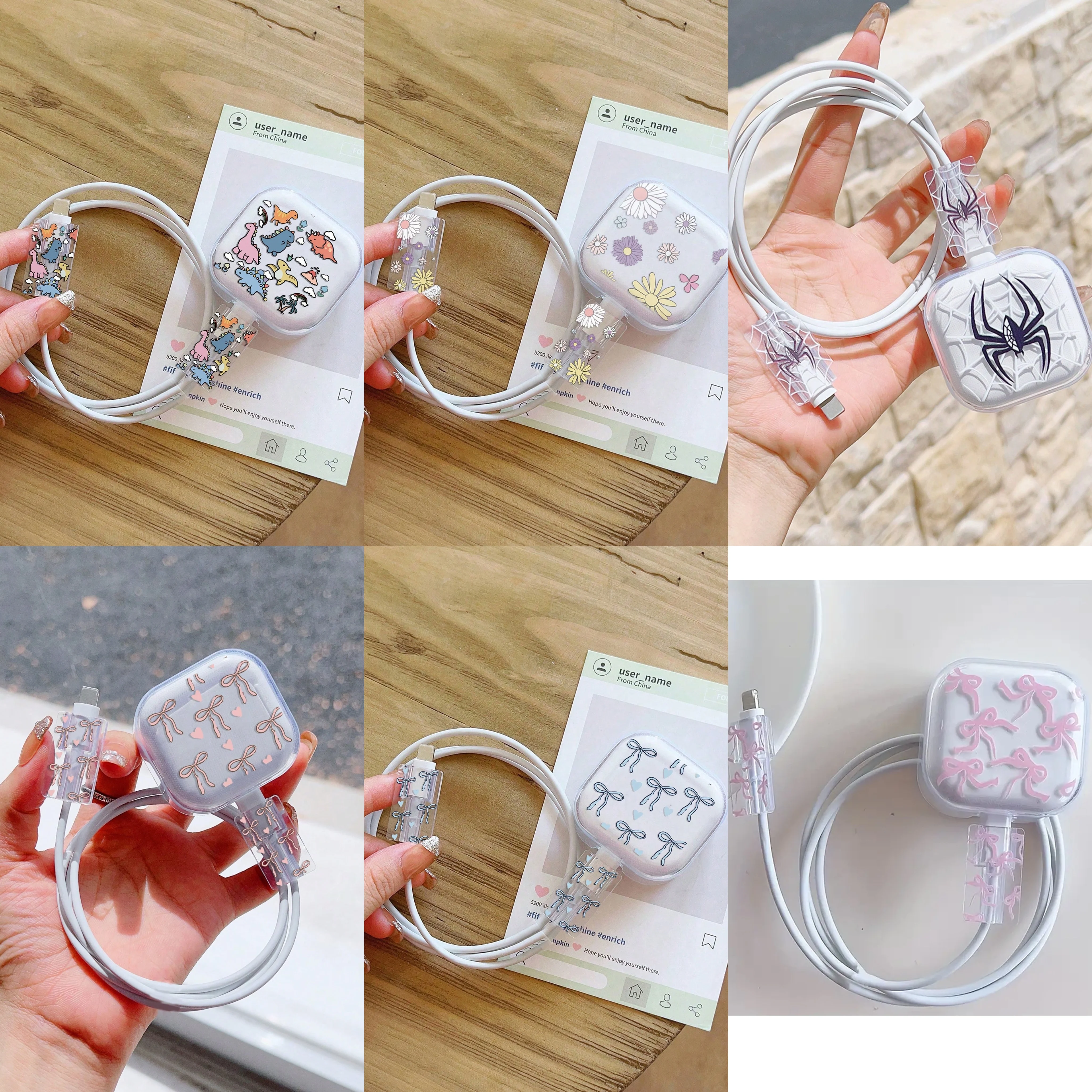 3-Piece Set Pink Bow Set Cable Protector for iPhone 20W UK HK Plug Charger Case Phone Wire Cord Organizers