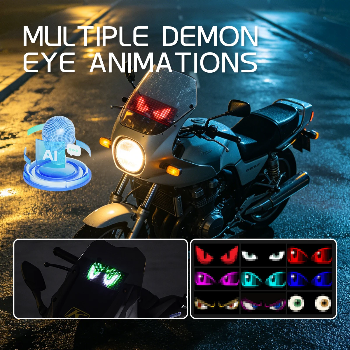 AI Voice Motorcycle Pixel Screen, Demon Eye Animations, APP/Remote Control, USB Bendable LED Light for Car Motorcycle