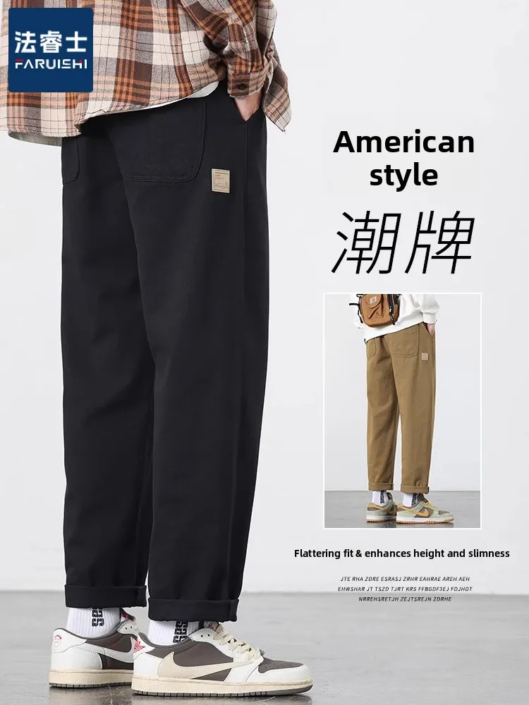 

American Style Loose Straight Leg Cotton Work Trousers Men's Casual Long Pants Autumn Initial Trendy Brand Fashionable Loose Fit