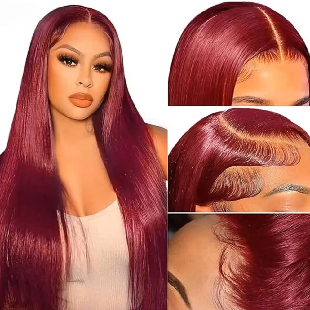 Peruca Frontal Reta 99J de Cabelo Humano com Densidade 200, Peruca Frontal HD Lace 13x6 Pré-Alongada com Nós Descoloridos, Sem Cola, 46 Polegadas