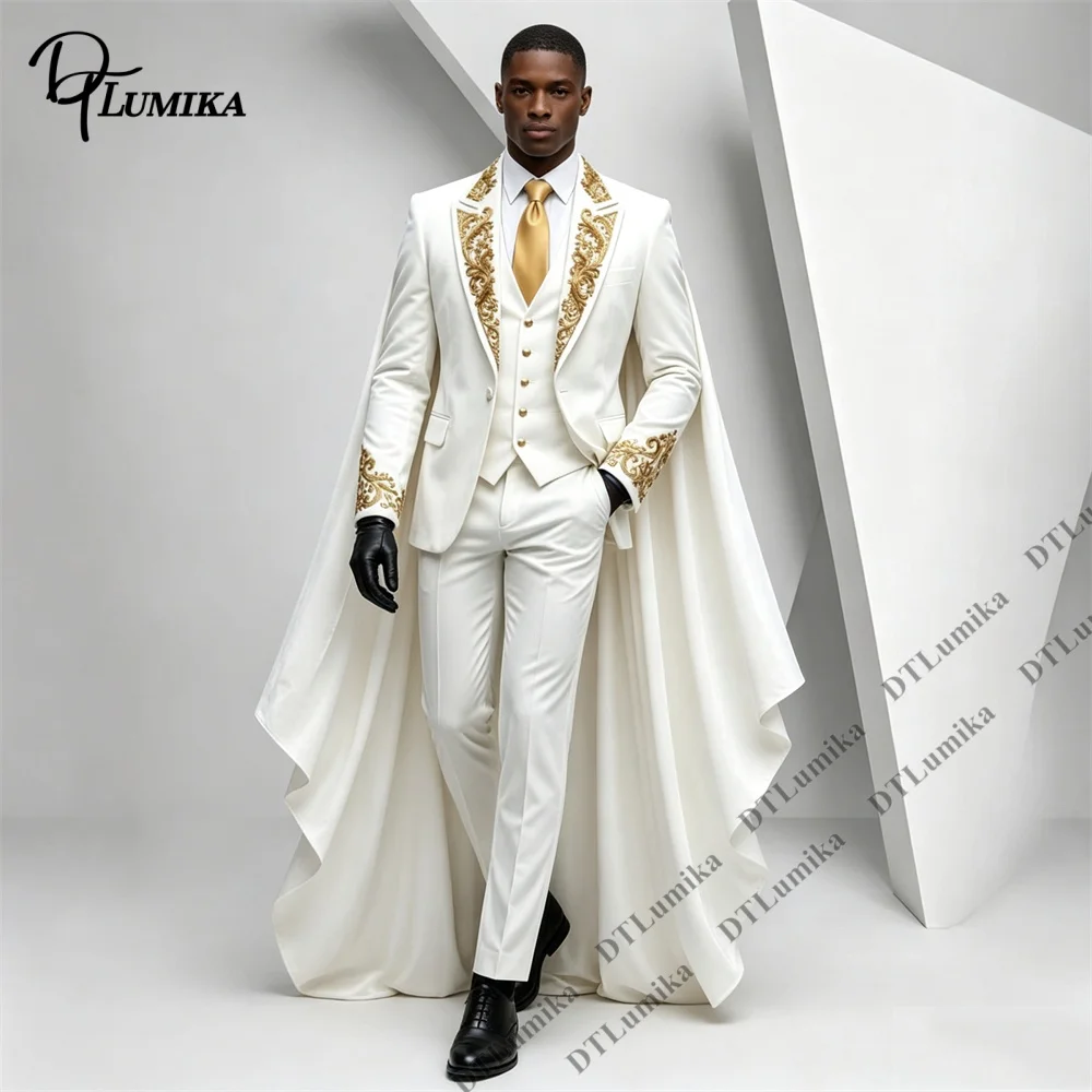 Men 3 Piece Suit with Cape White Gold Embroidered Slim Fit Luxury Groom Tuxedo Blazer Vest Pants Set for Wedding Prom Gala Party