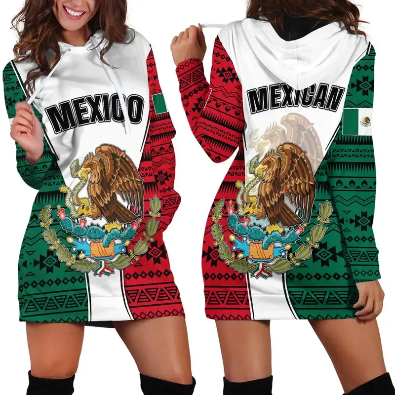 Mexico Flag Women\'s Hoodie Dress New Harajuku Novel 3D Printing Spring and Autumn Hooded Dress Women\'s Casual Wear Long Sleeve