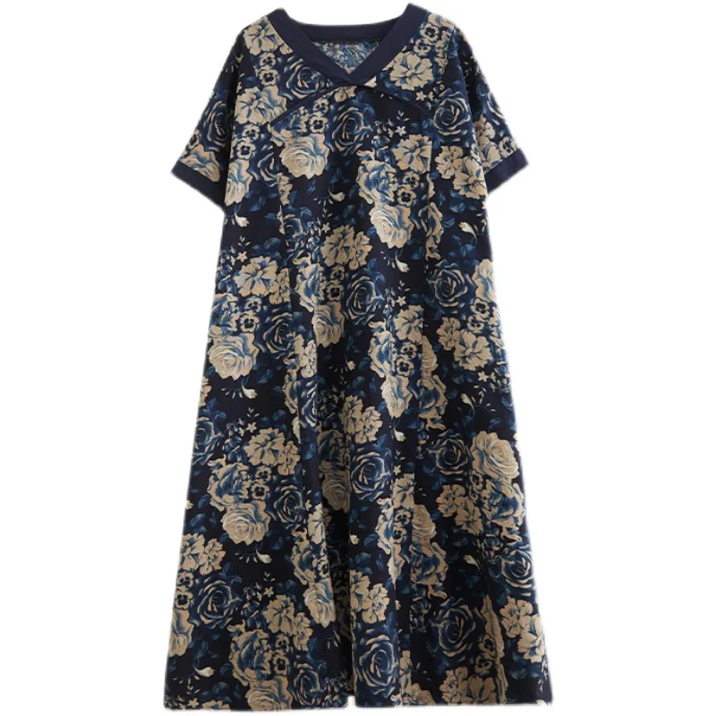 Chinese Vintage Style V-neck Flower Print Cotton Linen Dress for Women Summer New Fashion Short Sleeve Elegant Frocks Female