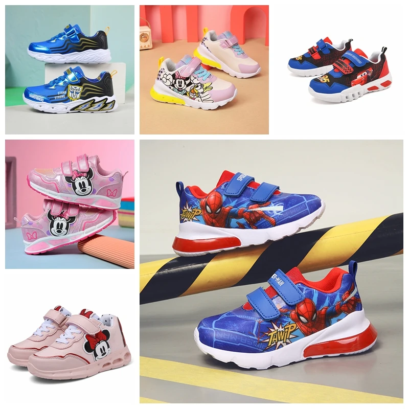 Disney Boys Cartoon Minnie Mouse Cars Print Children Casual Sneaker Baby Girl Sport Non-slip Breathable Flashing Led Light Shoes