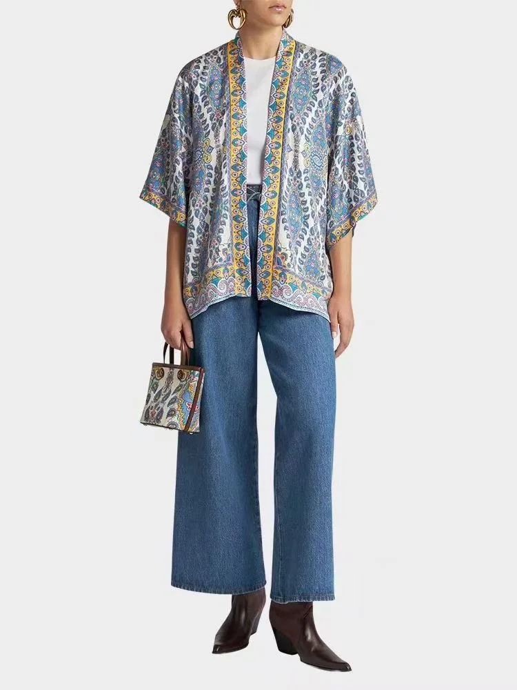 

Women Colorful Paisley Printed Twill Silk Kimono Style Cloak Coat Ponchos