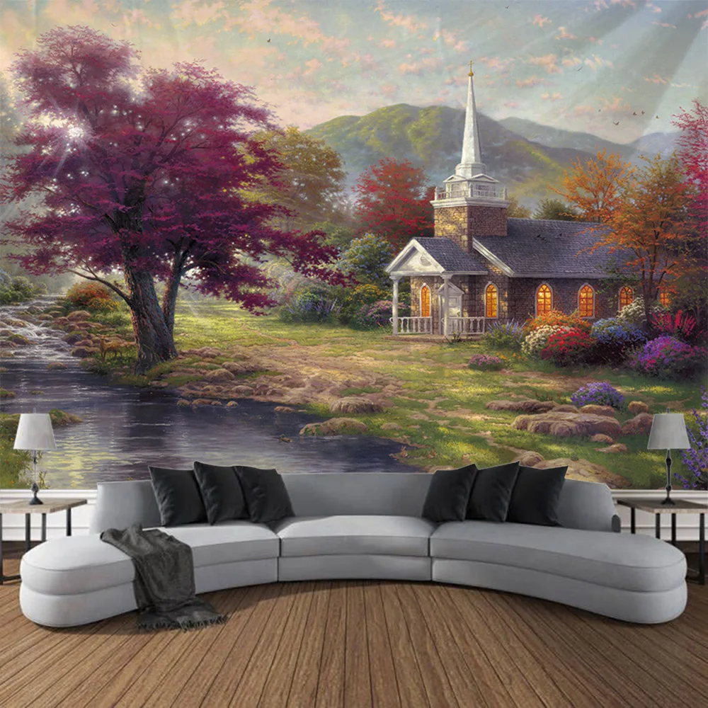

Landscape oil painting tapestry wall hanging forest yoga bed sheet blanket bedroom living room home decoration background poster
