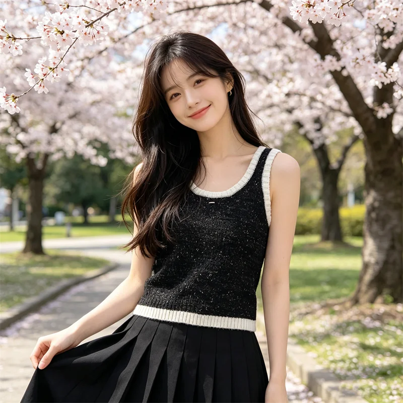 Summer Korean Style Contrasting Color Round Neck Diamond-Embellished Sleeveless Vest Slim Fit Versatile Top