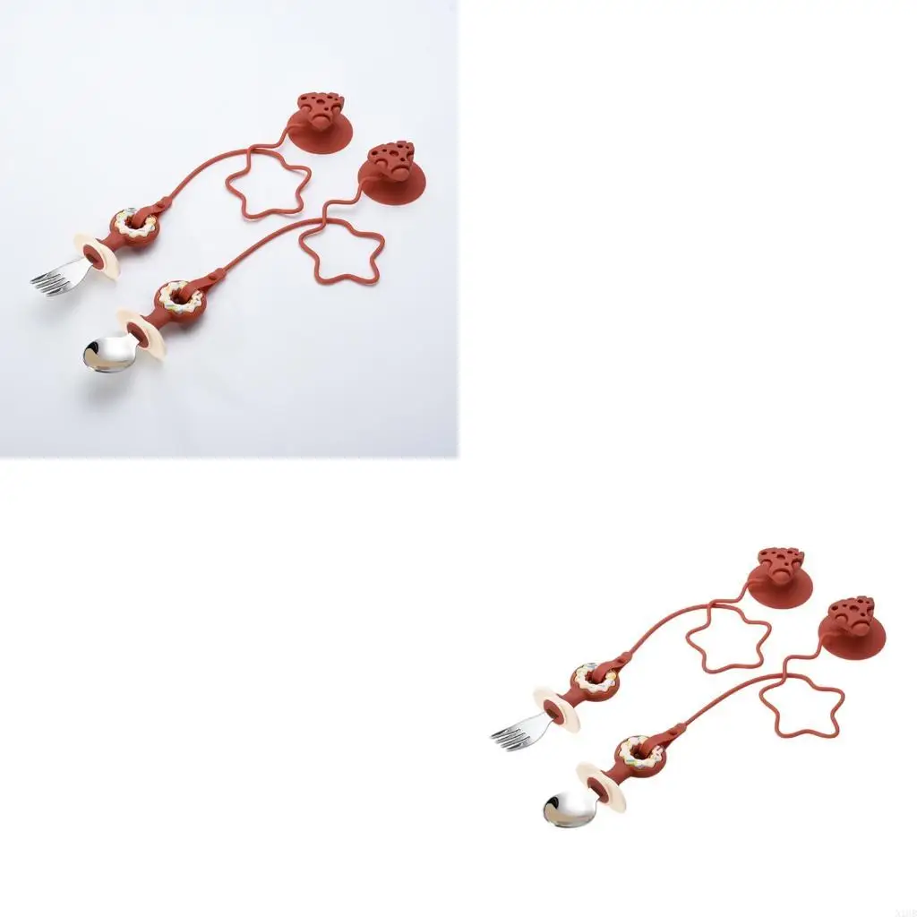 

Baby Feeding Spoon Fork Set with Suction Base Chain Multiple Color Easy Cleaning