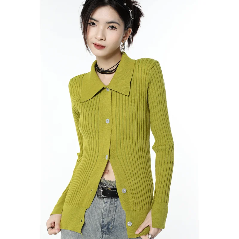 Cárdigan verde militar para mujer, cuello tipo POLO corta con ropa de abrigo, abrigo de punto Vintage para ocio y viento para invierno