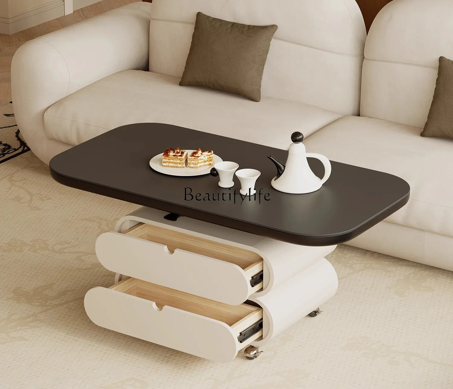 

yj32 French retro 2025 mobile black rock slab coffee table dining table two-in-one storage can be lifted and lowered