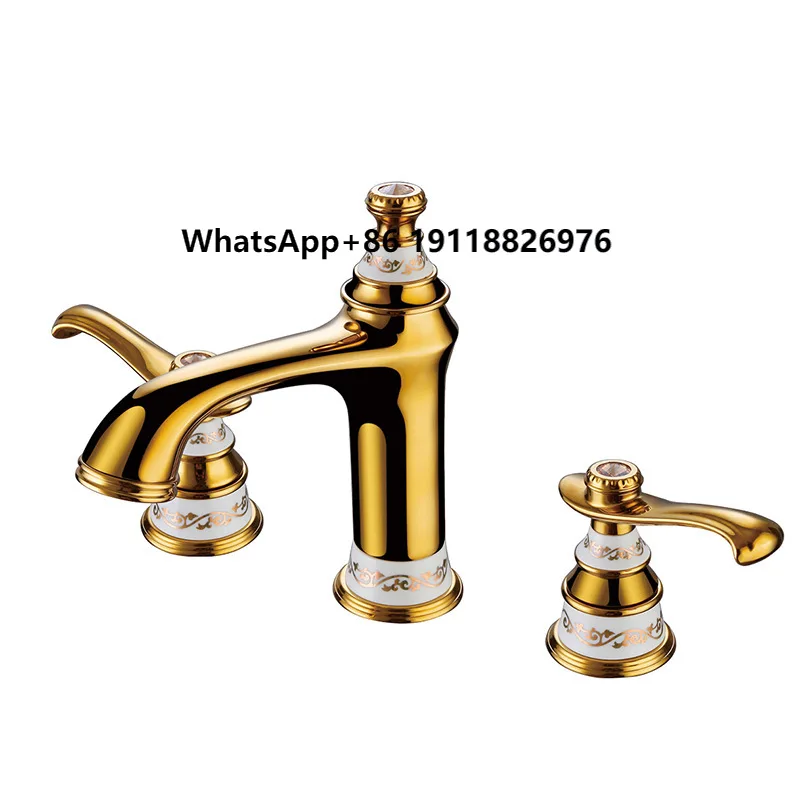 

Simple Golden White Full Brass 3 Holes Dual Handle Basin Mixer Faucet Deck Mount Water Spring Cold and Heat Bathroom Faucet