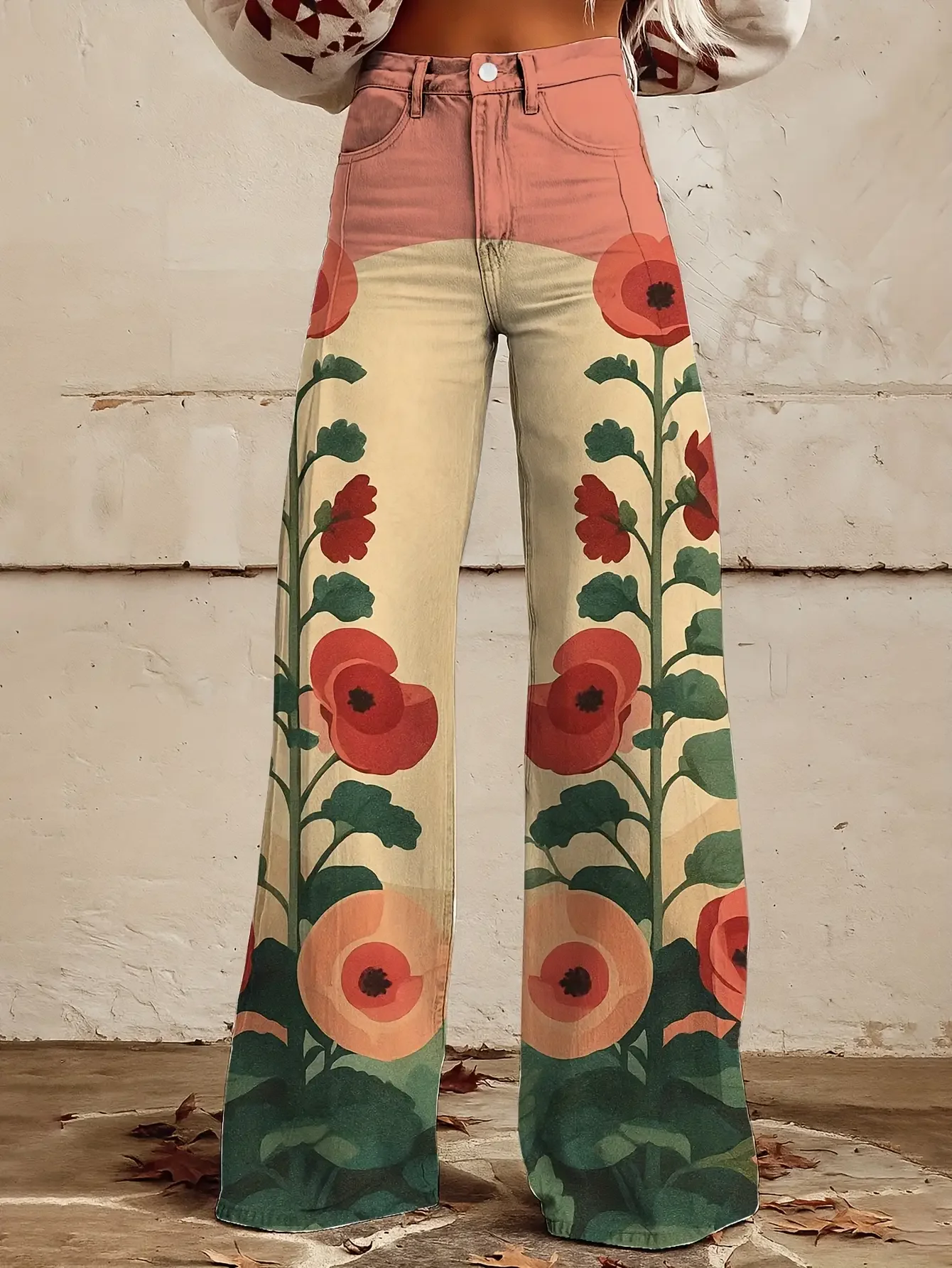 Fashionable and casual tropical rainforest printed loose trumpet imitation jeans