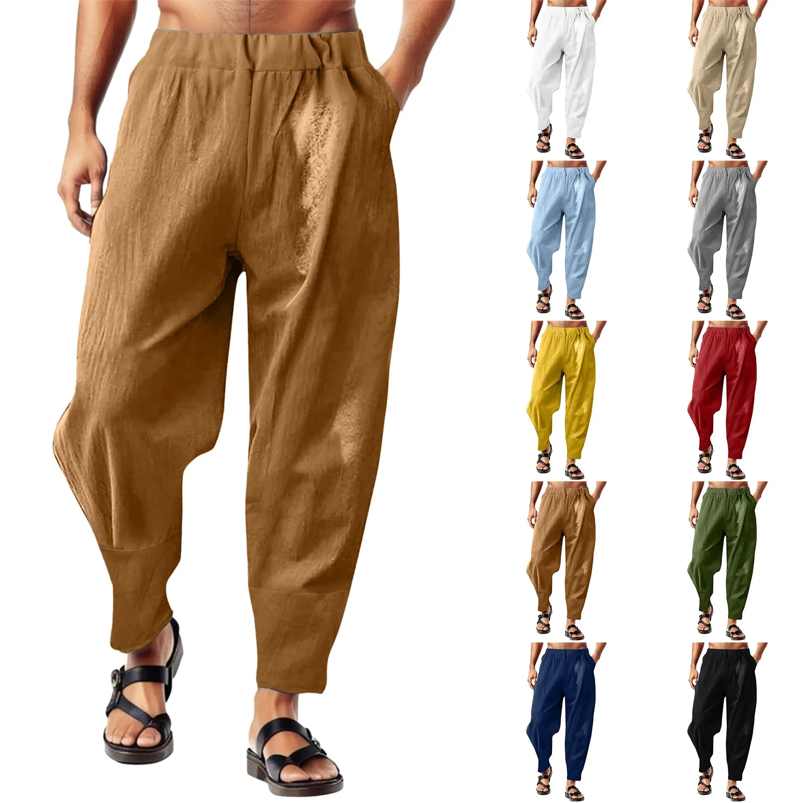 

Male Daily Long Pants Casual Cotton Linen Solid Color Harem Pants Pockets Elastic Waist Pants Hawaiian Beachwear Long Trousers