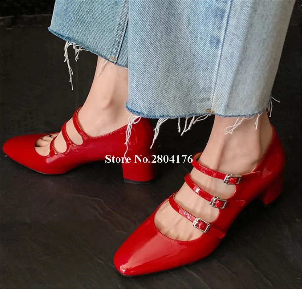 

Newest Round Toe Patent Leather Chunky Low Heel Pumps Red Silver Black Straps Thick Heel Casual Shoes Dancing Heels