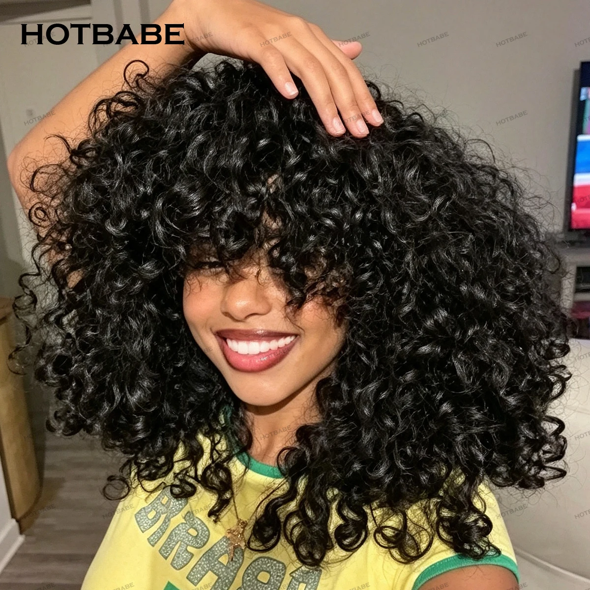 300 Density Natural Black Bangs Bouncy Curly For Women 350 Ginger Colored Human Hair 100% Human Hair Wig Full Machine Made Curly