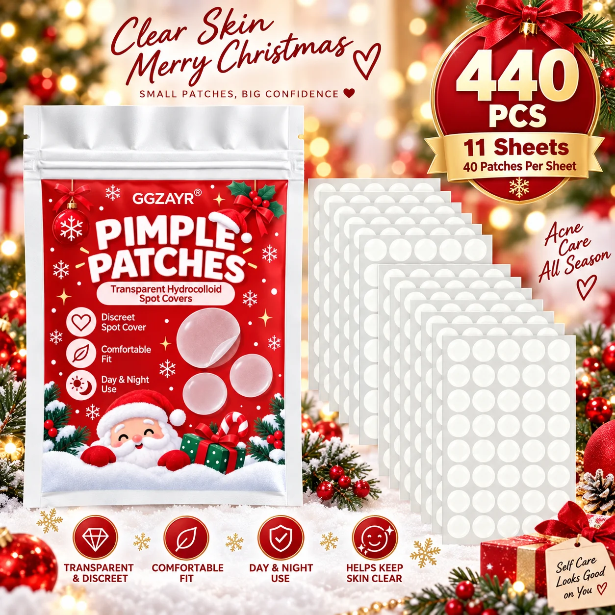 440PCS Christmas Pimple Patches, 11 Sheets Transparent Round Hydrocolloid Face Stickers for Winter Daily Skincare