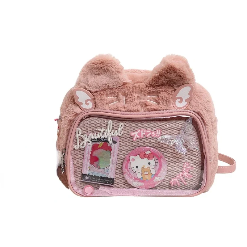 Xiuya Plush Cat Womens Backpack Y2k Fluffy Cute Casual Transparent Ita Bag Fashion Kawaii Japanese Style Lolita Jk Shoulder Bag