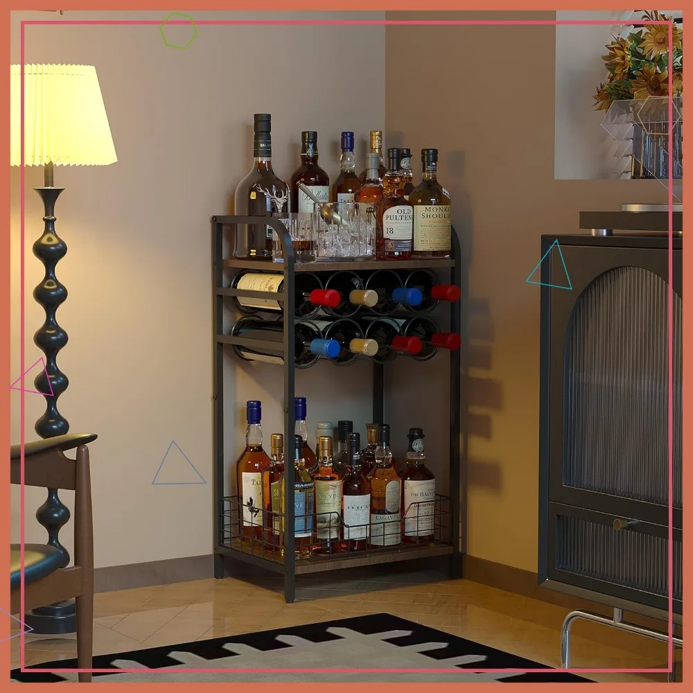 

3-Tier Wine Bar Table with 8-Bottle Rack, Mini Cabinet for Whiskey Display & Storage in Living Room