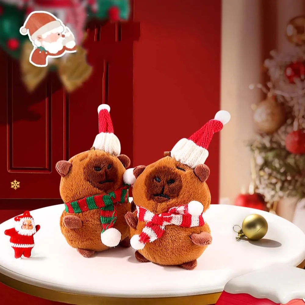 

Cute PP Cotton Christmas Capybara Pendant Cartoon Woolen Hat Scarf Capybara Keychain Doll Pink Plush Animal Key Ring Girls