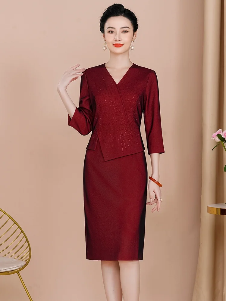 

Elegant Matron Wedding Dress Autumn Winter Everyday Wear Mom Wedding Dress Wedding Ceremony Dress Long Sleeve V Neck Dress