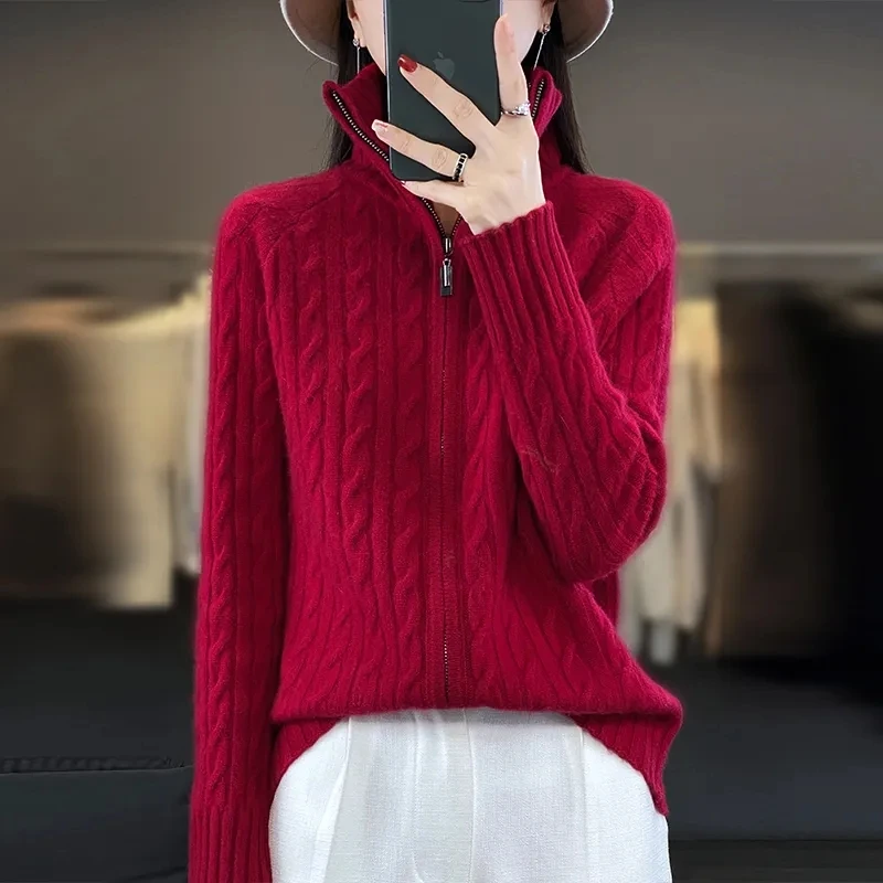 

Осень/зима 2022, вязаный свитер на молнии с высоким воротником, куртка-кардиган, женский эластичный короткий свитер, пальто, женский однотонный повседневный топ