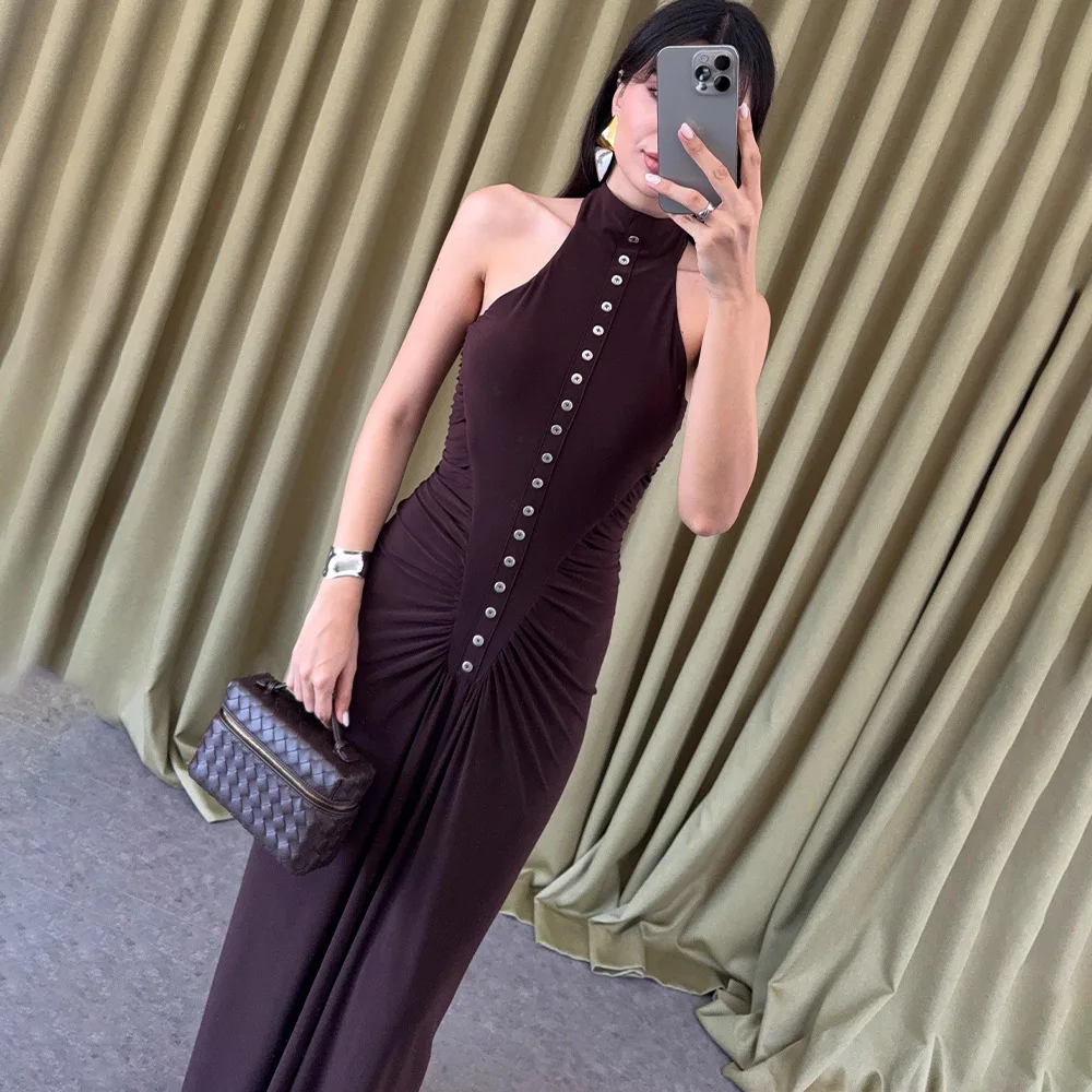 Apprabant 女性秋の新マキシドレスシャーリングボタンノースリーブボディコンタンクエレガントなセクシーなスリム衣装オフィスイブニングパーティーウェア