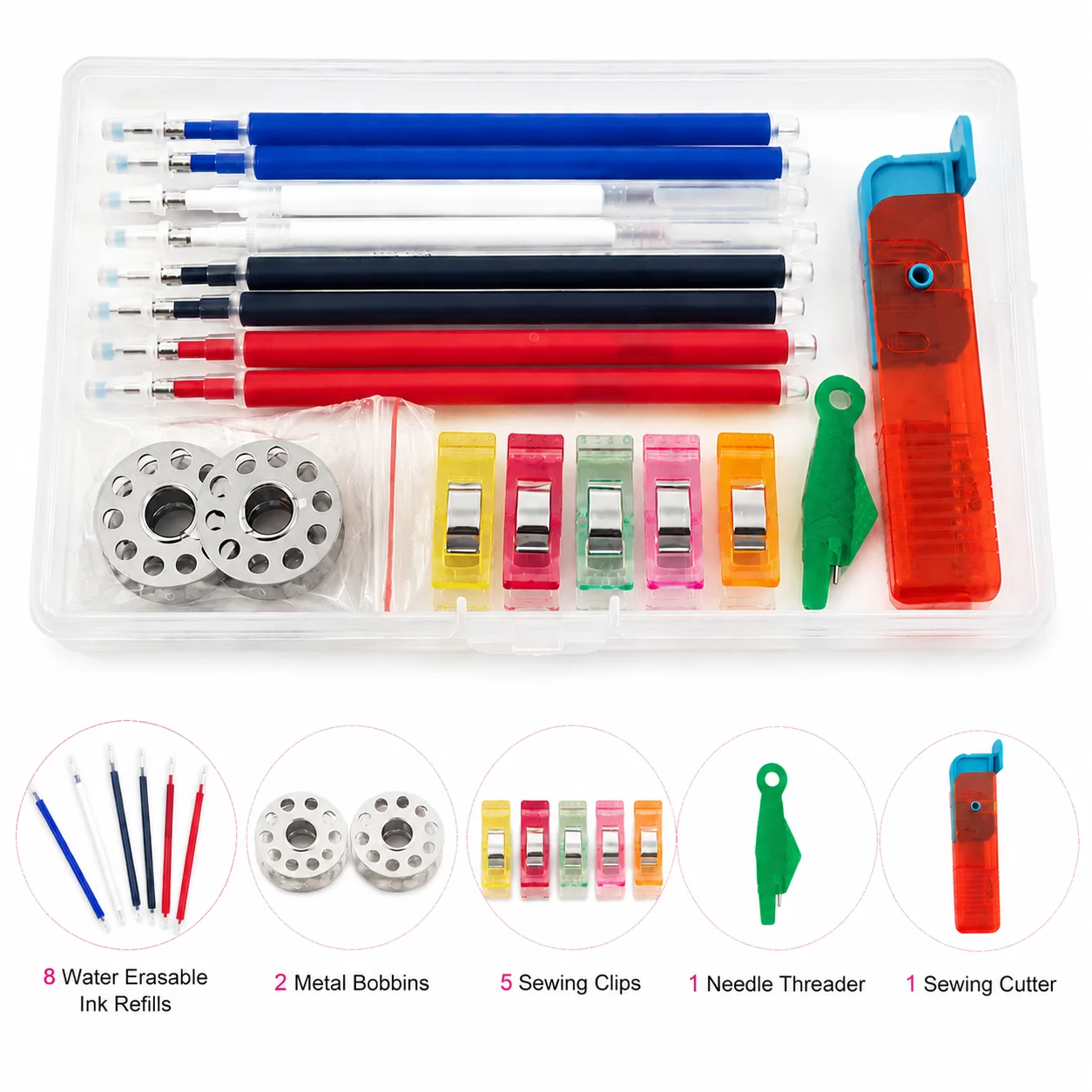 Fabric Marking Pen - DIY縫製アクセサリーキット、洗える消えるペンリフィル、縫製クリップ、スプール、針糸通し器、衣類生地のマーキング用