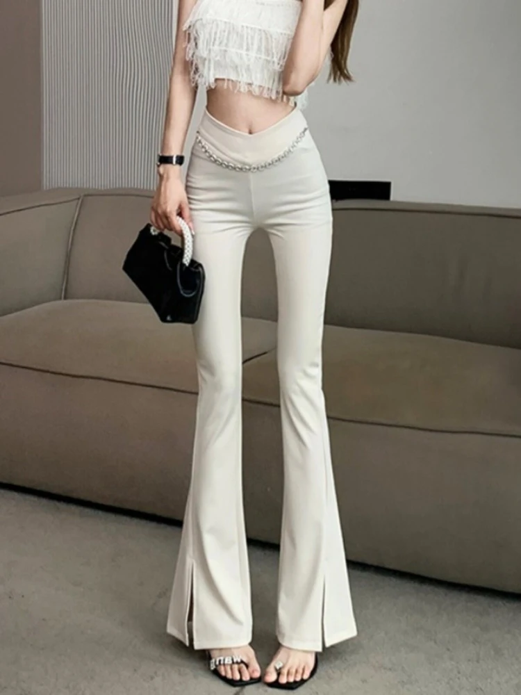

Design sense V-shaped high waisted slightly flared suit pants spring slimming floor hugging split commute flared pants