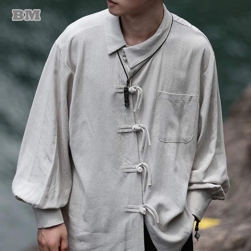 

Chinese Style Oblique Placket Big Size Lapel Shirt Men Clothing Spring Autumn Tai Chi Kung Fu Long Sleeves Vintage Casual Coat