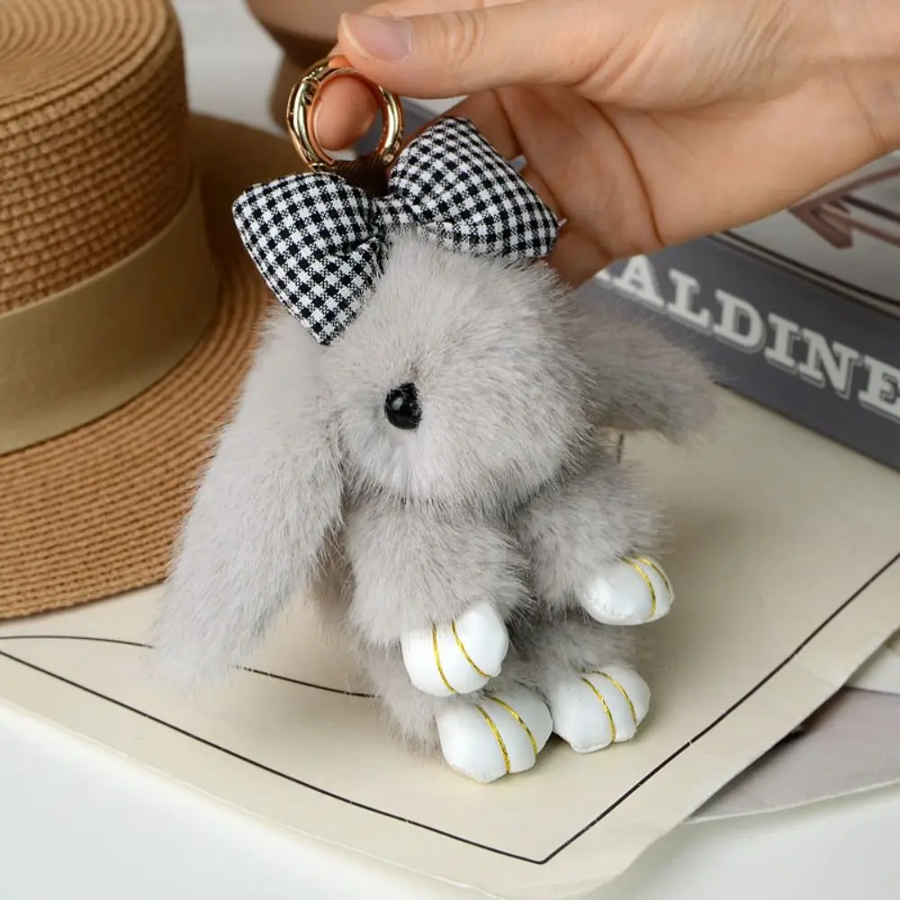

Fashion Pluff Bunny Keychain Fluffy Cute Play Dead Rabbit Doll Bowknot Smooth Rabbit Fur Keychain Children's Toys