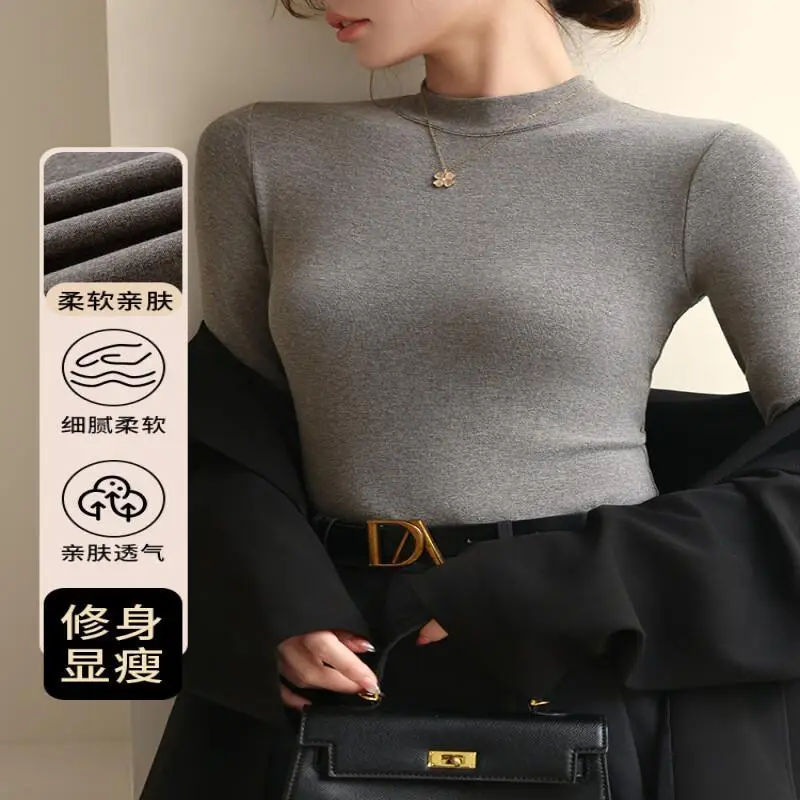 

Женская базовая футболка с высоким воротом, термо, облегающая, с длинным рукавом, для осенне-зимнего образа, модный топ для многослойных образов