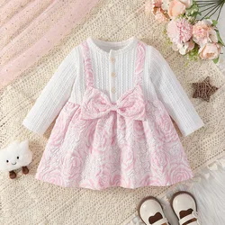 Spring Baby Children's Clothes Girls Princess Dress 0-3Y Cute Pink Flower Fake 2pcs Patchwork Dress Toddler Outfit