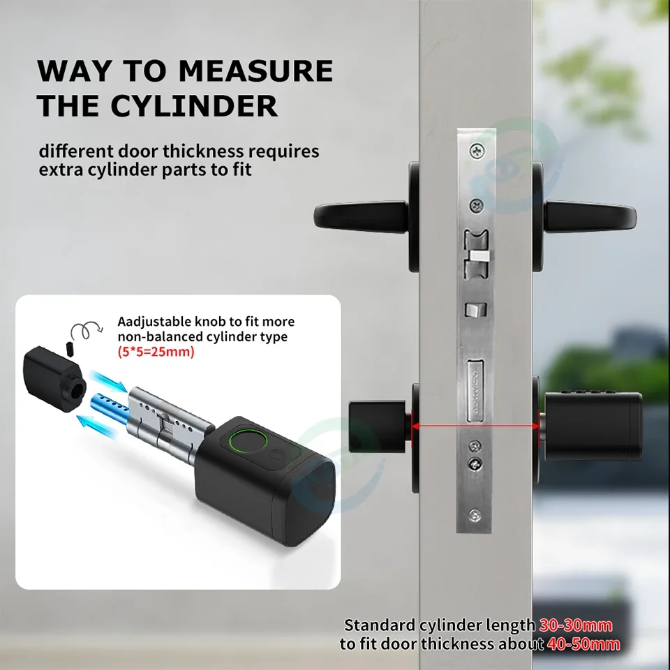 Euro Tuya TTLock App Smart Cylinder Lock Adjustable 60-120mm Digital Password Fingerprint Keyless Entry Wood Steel Door