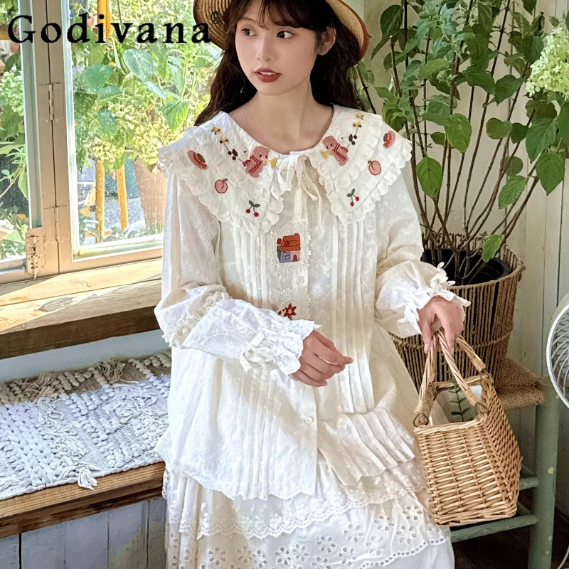 

Mori Girls Sweet Lolita Cotton Long Sleeve Shirt Women Japanese Style Sweet Lace Embroidery Loose Shirt Vintage Top Blouses