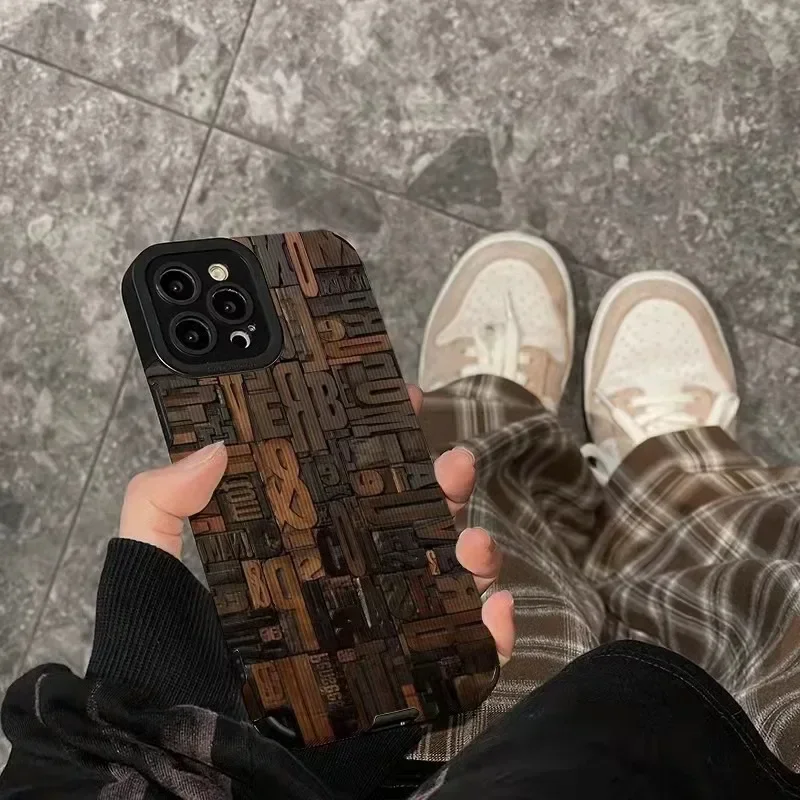 Retro Wooden Blocks Leather Phone Case For Funda iphone 15 14 12mini 11 13 Pro 15Pro 14Pro Max Cover For iphone 16 17 Air Coque