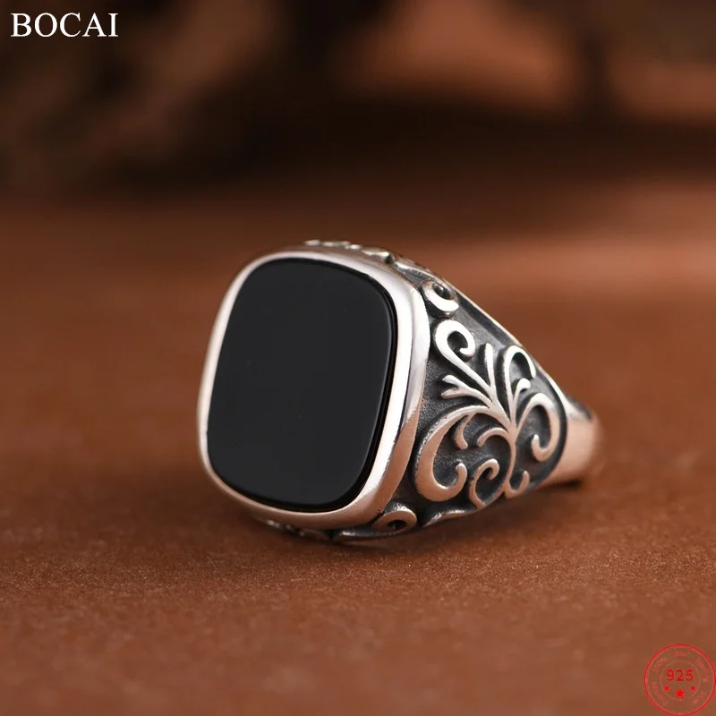 

BOCAI S925 Sterling Silver Rings for Men Women Retro Relief Eternal Rattan Pattern Inlaid Black Agate Punk Jewelry Wholesale