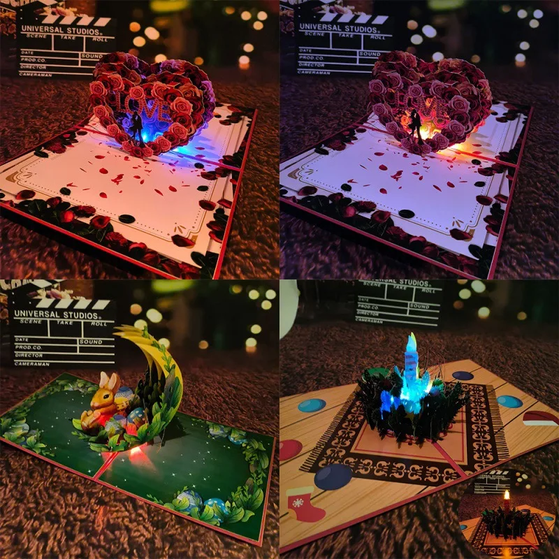

New 3D Pop-Up Greeting Card with Colorful Music Lights Candle Blowing Valentine's Day Hearts LOVE Moon and Rabbit for Christmas