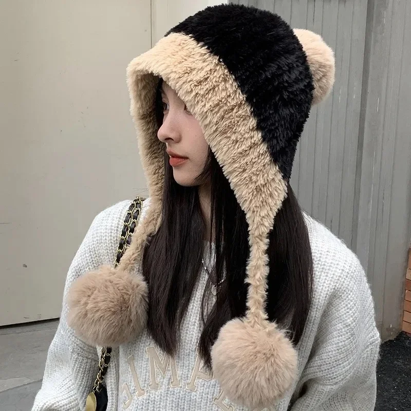 Fashion Windproof Knitted Plush Hat Thickened Keep Warm Ear Protection Hat Coldproof Beanies Cap for Women Girls