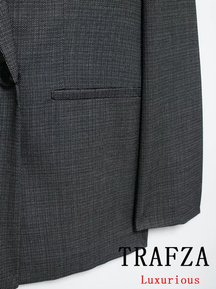 TRAFZA-Blazer Croisé Vintage Chic pour Femme, Pantalon Droit, Couleur Unie, Gris Trempé, Mode Automne-Hiver 2024