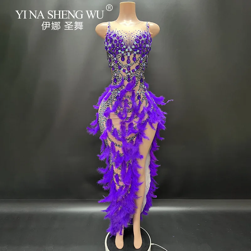 ชุดเต้นลาตินหรูหราสำหรับผู้หญิง ชุดเซ็กซี่แขนกุดสีม่วงประดับคริสตัลและขนนก ชุดแสดงเต้นลาติน ชุดราตรี