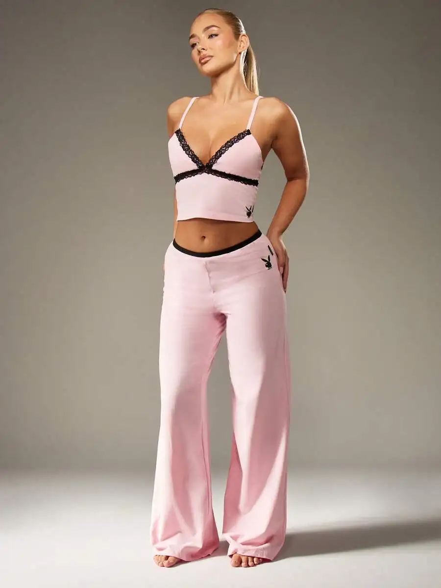 

Pink Lace-Trimmed Camisole Top and Wide-Leg Pajama Pants Set