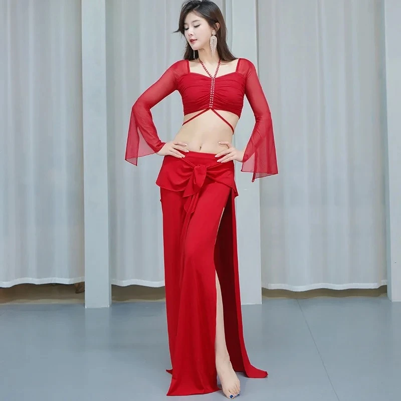 2 Pieces Set Belly Dance Costumes Sexy Top and Long Skirt Wearing Outfit for Women Stage Performance Dancing Practice Clothes