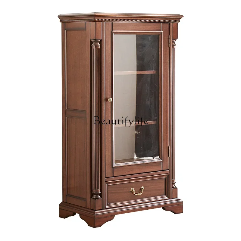 

ls 04American solid wood wine cabinet black walnut all solid wood single door glass door display cabinet