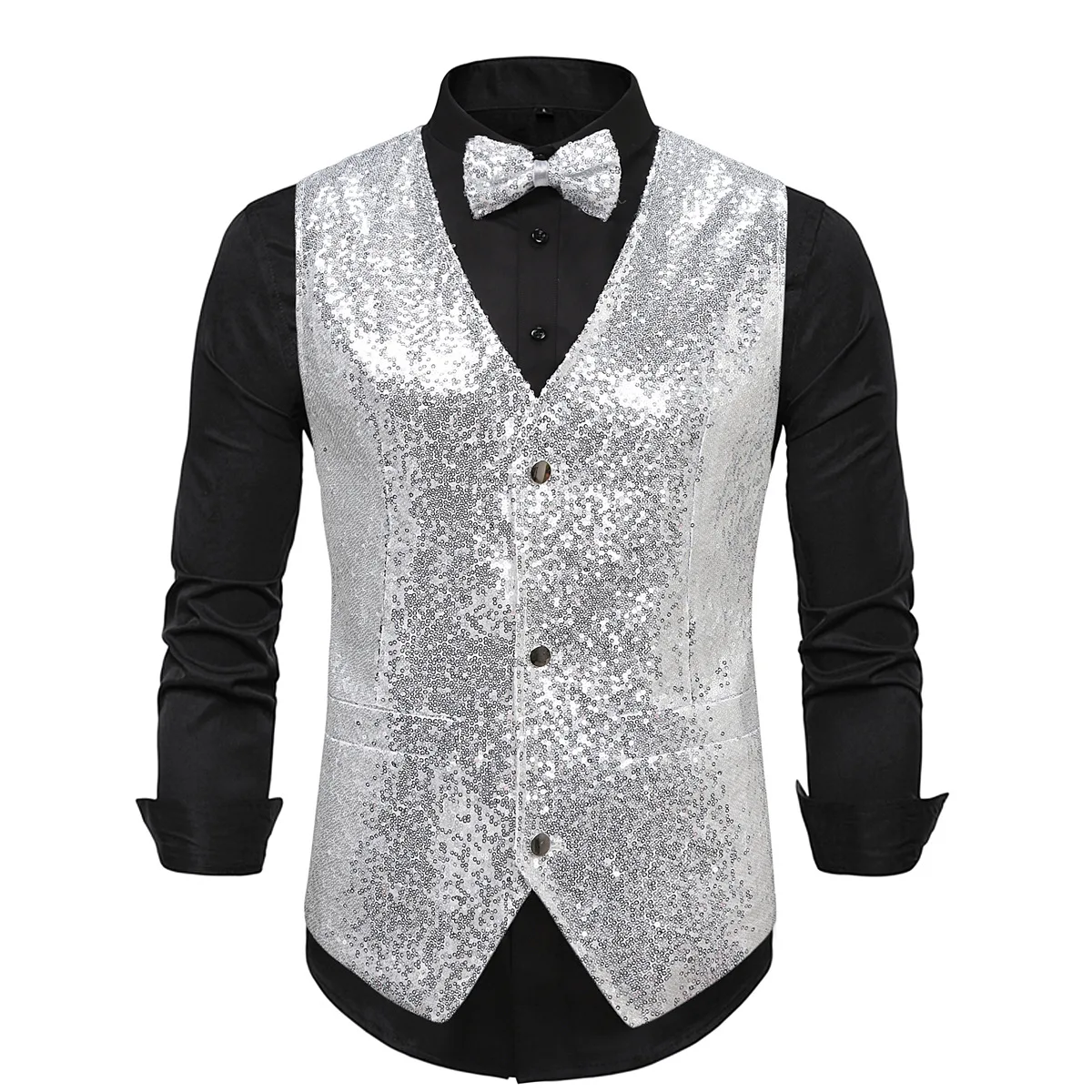 Sparkly Sequin Vest for Men 2025 Single Breasted Slim Fit Mens Waistcoat With Bowtie Semi Formal Performance Clothing Plus Size