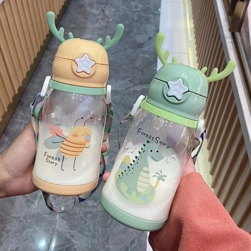 600ml/20oz Cute Cartoon Water Bottle Flip Top Portable Straw Water Cup With Strap For Outdoor Sports Fitness Camping Kids Gifts