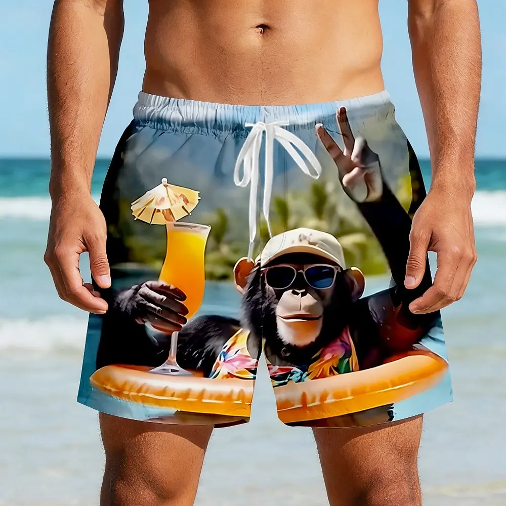 Men's Funny Monkey Animal Beach Shorts, Mid Waist Board Shorts, Elastic Drawstring, Hawaiian Vacation Casual Wear