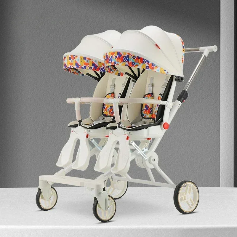 Warm house Tragbarer Doppel-Kinderwagen, Doppelsitz-Kinderwagen, faltbarer Vierrad-Doppel-Kinderwagen 360° °   Drehsitz, verstellbare Rückenlehne 9